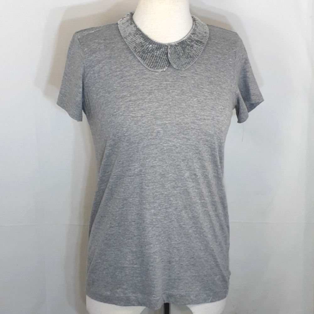 Markus Lupfer gray blouse with silver sparkly Peter Pan collar size small nwt